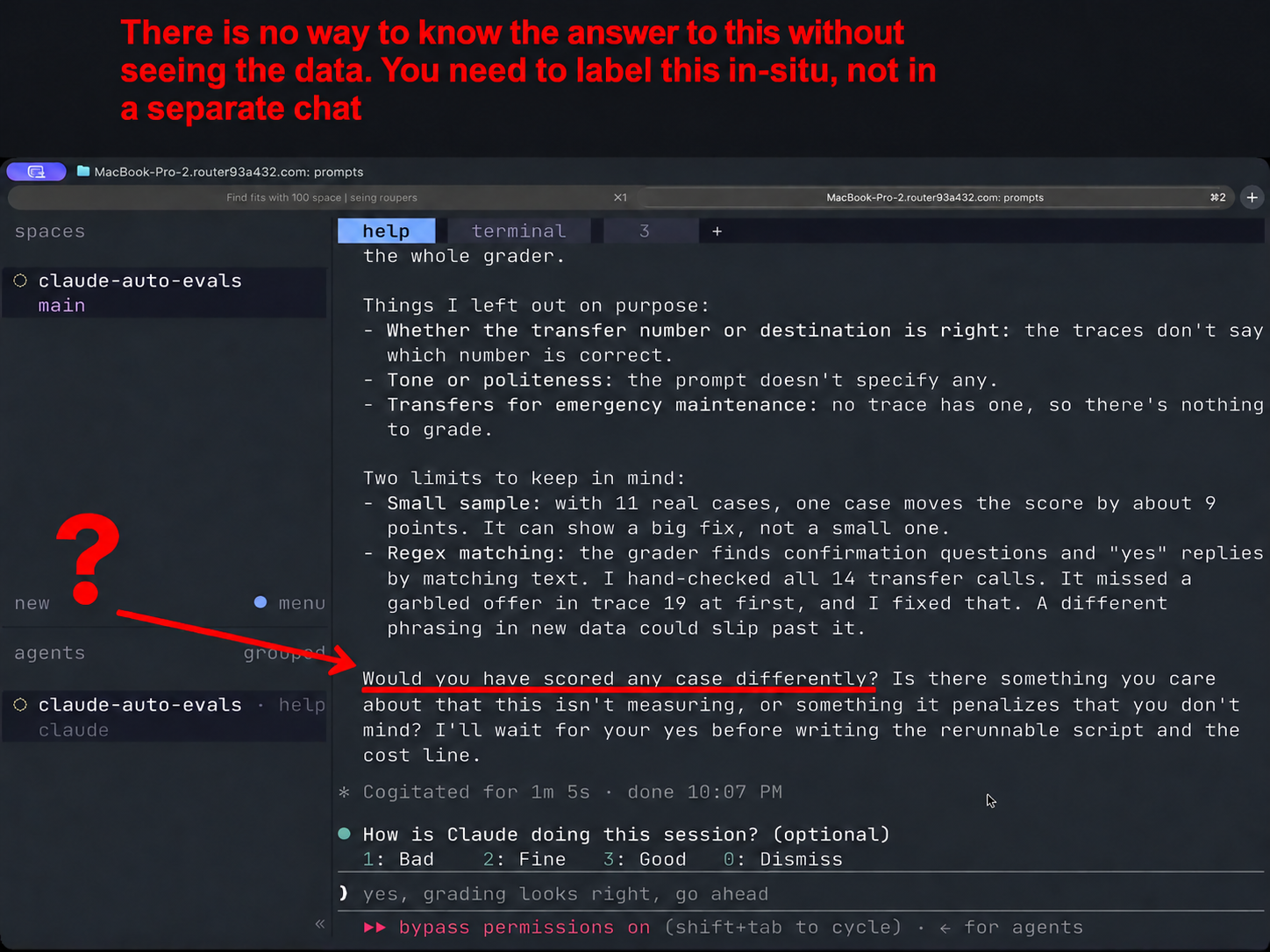 Red text reads: There is no way to know the answer to this without seeing the data. You need to label this in-situ, not in a separate chat. A question mark, arrow, and underline highlight Claude asking: Would you have scored any case differently?